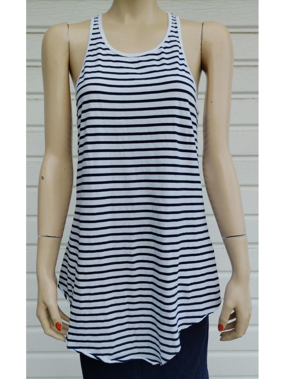 Frank & Eileen Tee Lab Base Layer Tank Top Black & White Stripe Raw Hem sz Large